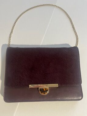 DKNY Burgundy Haircalf & Leather Chain Shoulder Bag with Gold Hardware